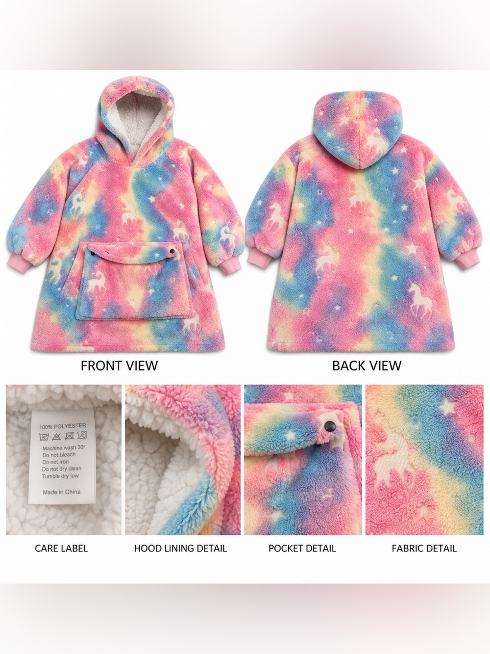 Girl’s Cozy Rainbow Unicorn Hooded Pajama Poncho - Pink/Blue/Yellow